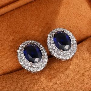 Earrings For Women Silver Plated Zircon Oval Cut Blue Sapphire Stud Earrings
